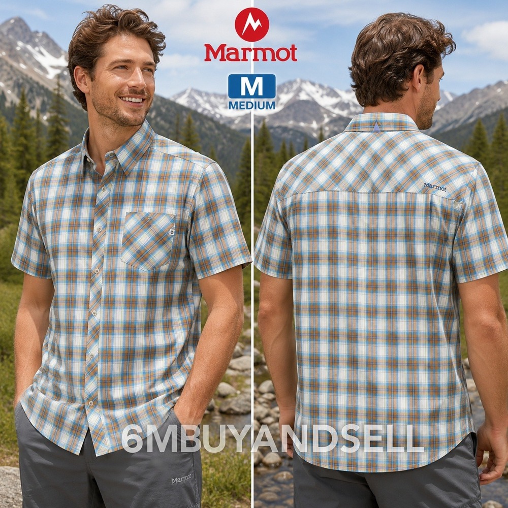 Marmot Mens Medium Blue Orange Plaid Short Sleeve Button Down Hiking Shirt M